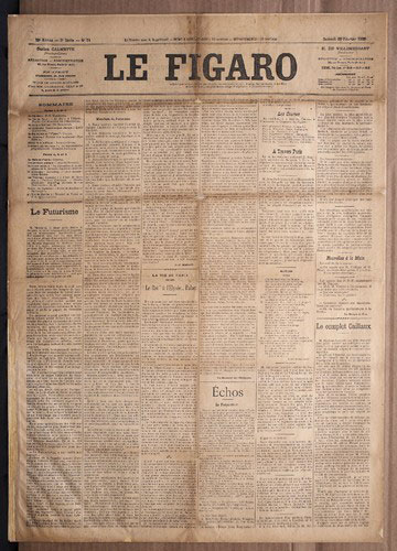 1. Manifeste du futurisme paru en première page du Figaro le 20 février 1909 61,5 x 44 cm Collection particulière © Centre Pompidou, Paris. Photo Georges Meguerditchian 